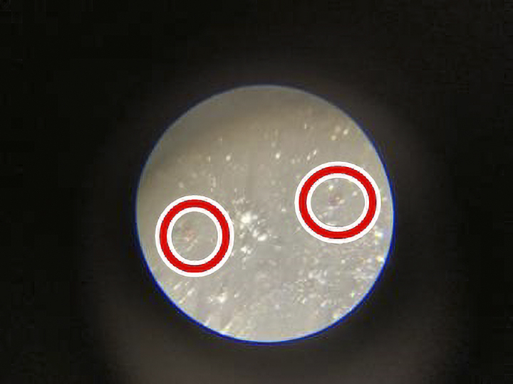 防水面を90倍スコープで拡大した光触媒の銀や銅の様子です。